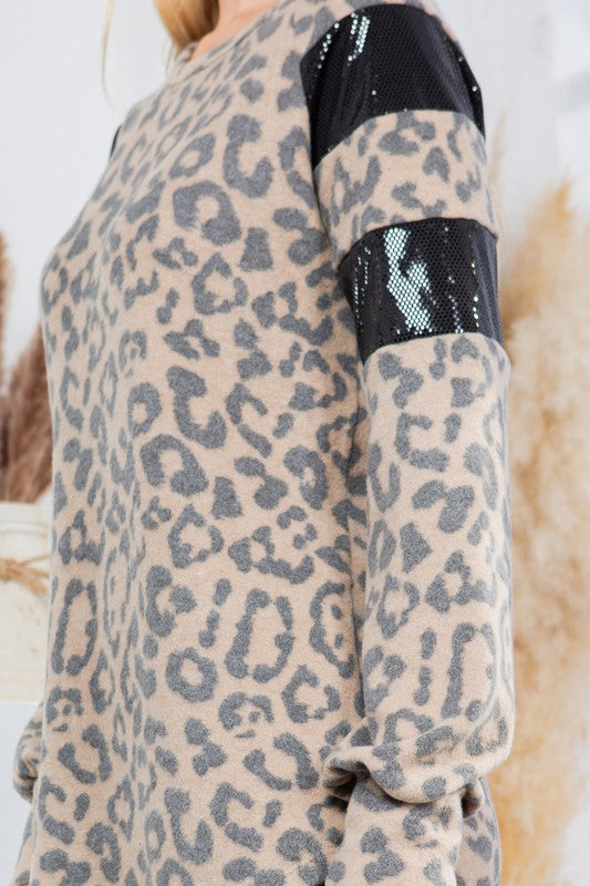 Leopard Print Pullover With Sequin Foil Contrast | Modern Boutique Fashion