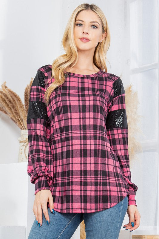 Plaid Print Pullover With Sequin Foil Contrast | Modern Boutique Fashion