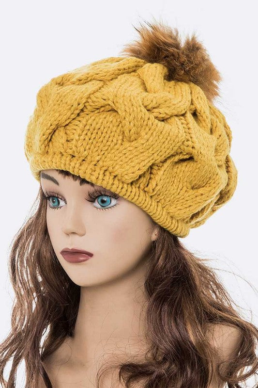 Large Fur Pom Cable Knit Beret Beanie | Modern Boutique Fashion