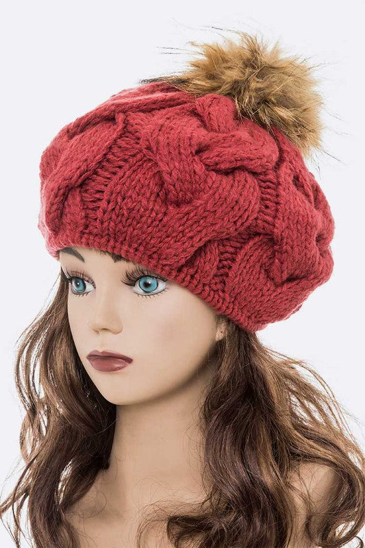 Large Fur Pom Cable Knit Beret Beanie | Modern Boutique Fashion