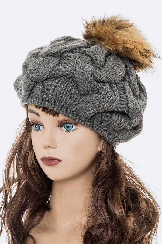 Large Fur Pom Cable Knit Beret Beanie | Modern Boutique Fashion