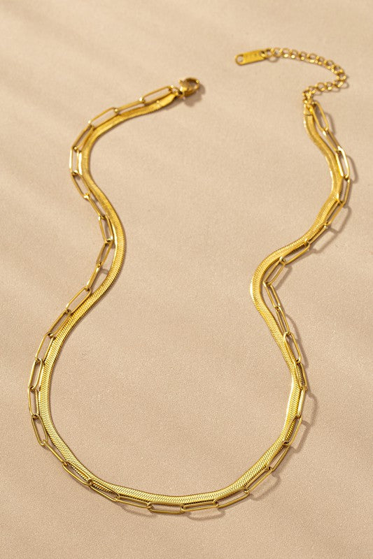 2 Layer Paper Clip And Herringbone Chain Necklace