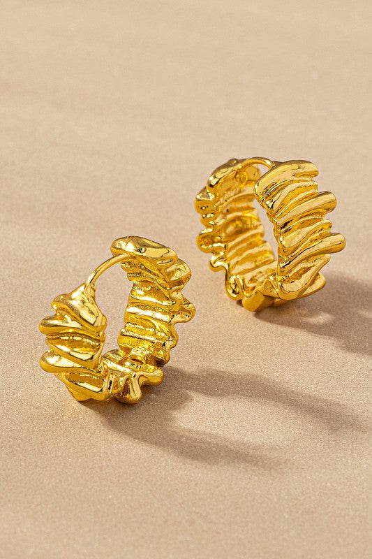 Brass Ruffled Ribbon Huggie Hoop Earrings | Modern Boutique Fashion