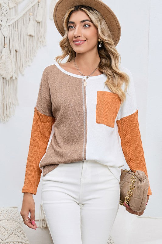 Cable Knit Color Block Round Neck Sweater | Modern Boutique Fashion