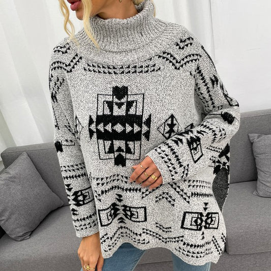 Grey Geo Pattern Turtleneck Drop Shoulder Sweater | Modern Boutique Fashion