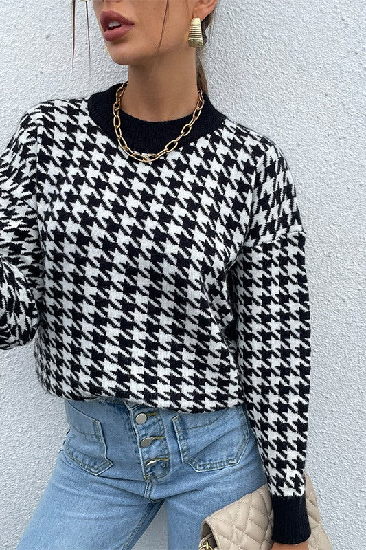 Black Houndstooth Pattern Drop Shoulder Sweater | Modern Boutique Fashion