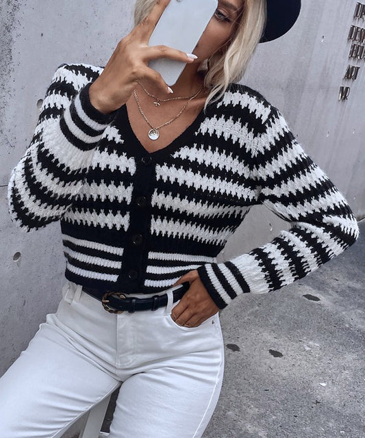 Black And White Button Up Drop Shoulder Cardigan | Modern Boutique Fashion