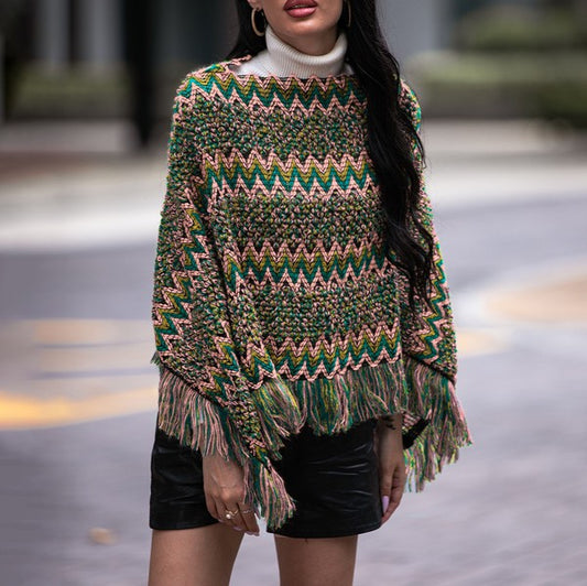 Green Fringe Trim Batwing Sleeve Poncho Sweater | Modern Boutique Fashion