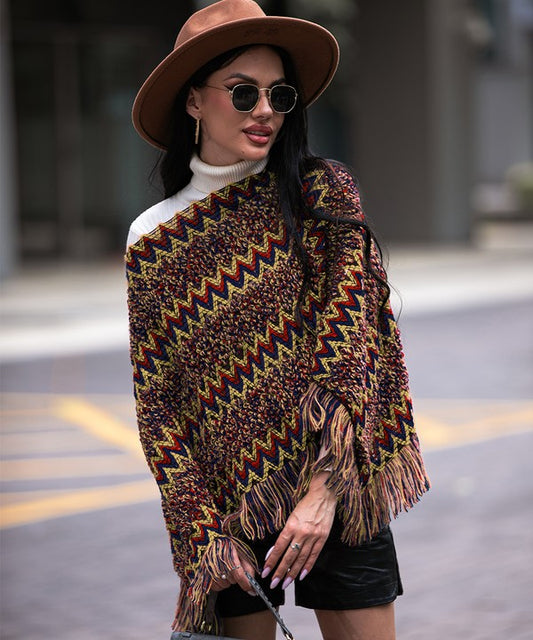 Red Fringe Trim Batwing Sleeve Poncho Sweater | Modern Boutique Fashion
