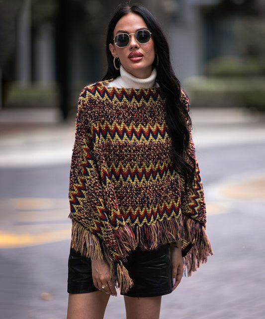 Red Fringe Trim Batwing Sleeve Poncho Sweater | Modern Boutique Fashion