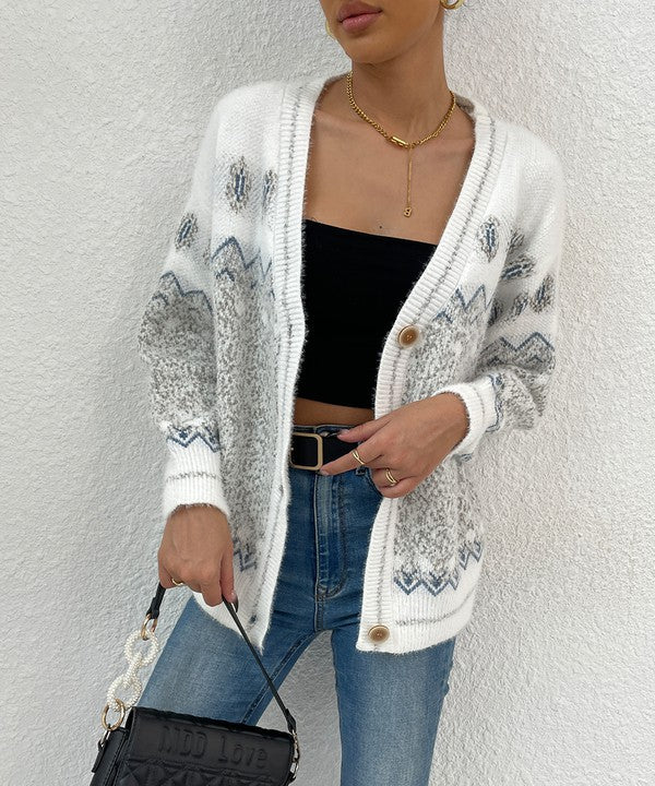 White And Gray Geo Pattern Botton Front Cardigan | Modern Boutique Fashion