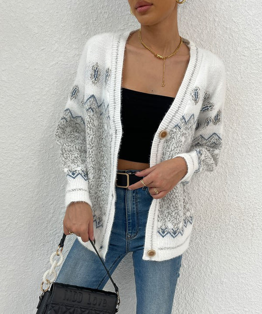 White And Gray Geo Pattern Botton Front Cardigan | Modern Boutique Fashion