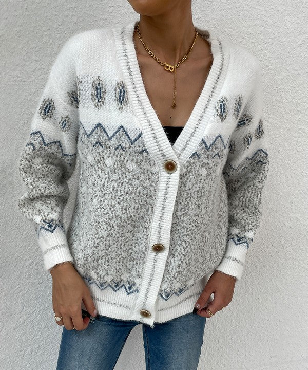 White And Gray Geo Pattern Botton Front Cardigan | Modern Boutique Fashion