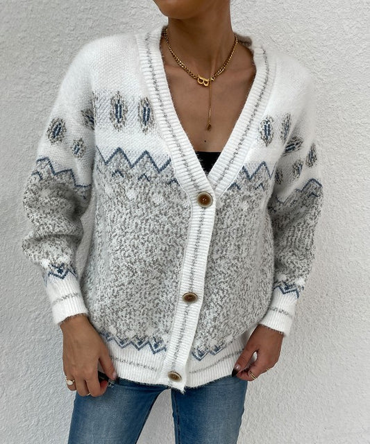 White And Gray Geo Pattern Botton Front Cardigan | Modern Boutique Fashion