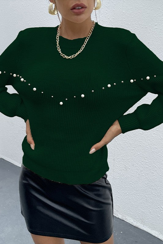 Green Essence Pearls Beaded Sweater | Modern Boutique Fashion
