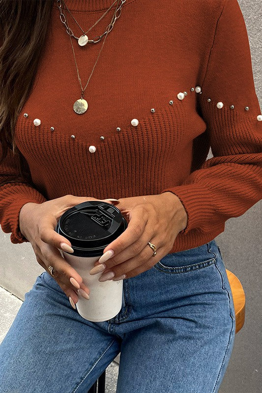 Brown Essence Pearls Beaded Sweater | Modern Boutique Fashion