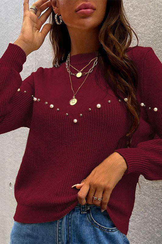 Red Essence Pearls Beaded Sweater | Modern Boutique Fashion