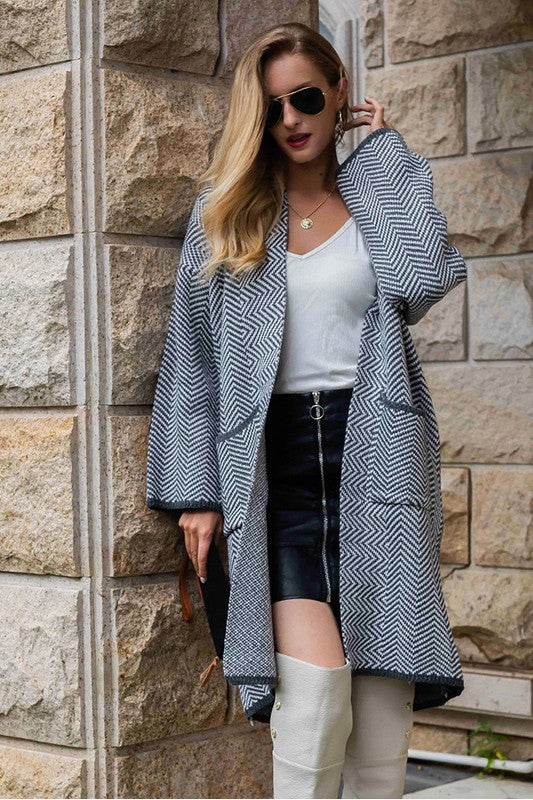 Navy Blue Frenchy Herringbone Pattern Cardigan | Modern Boutique Fashion