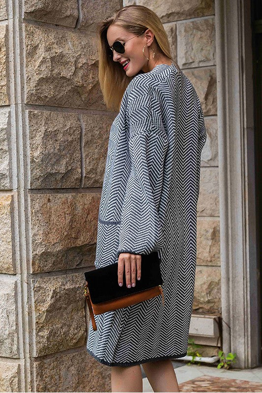 Navy Blue Frenchy Herringbone Pattern Cardigan | Modern Boutique Fashion