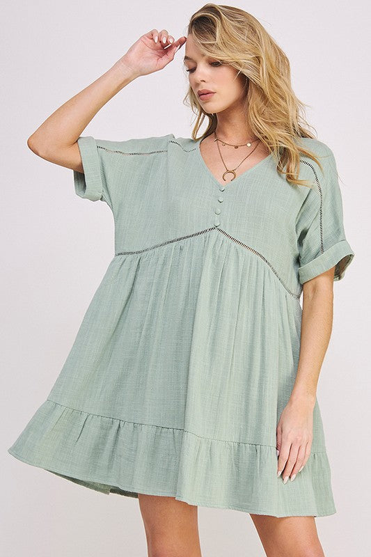 Plus Size Short Slv Button Down V-Neck Short Dress – Everyday Style