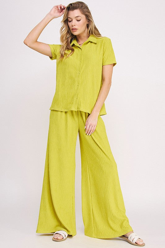 Textured Short Slv Button Down/Wide Leg Pants Set women's boutique fashion