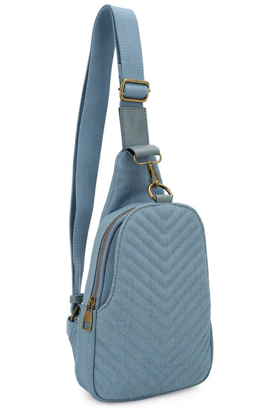 Chevron Quilted Denim Sling Bag | Modern Boutique Fashion