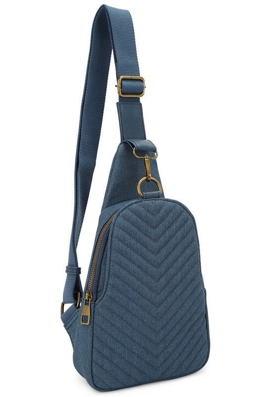 Chevron Quilted Denim Sling Bag | Modern Boutique Fashion