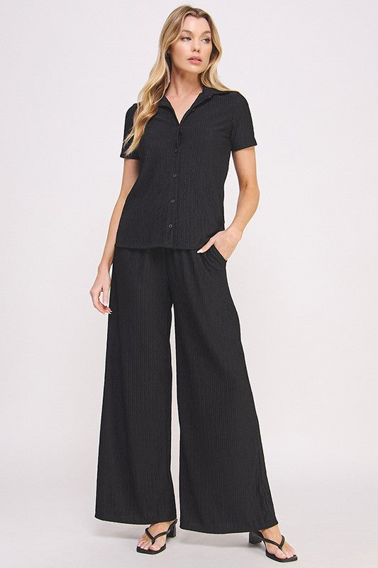 Plus Textured Short Slv Button Down/Wide Pants Set – Everyday Style