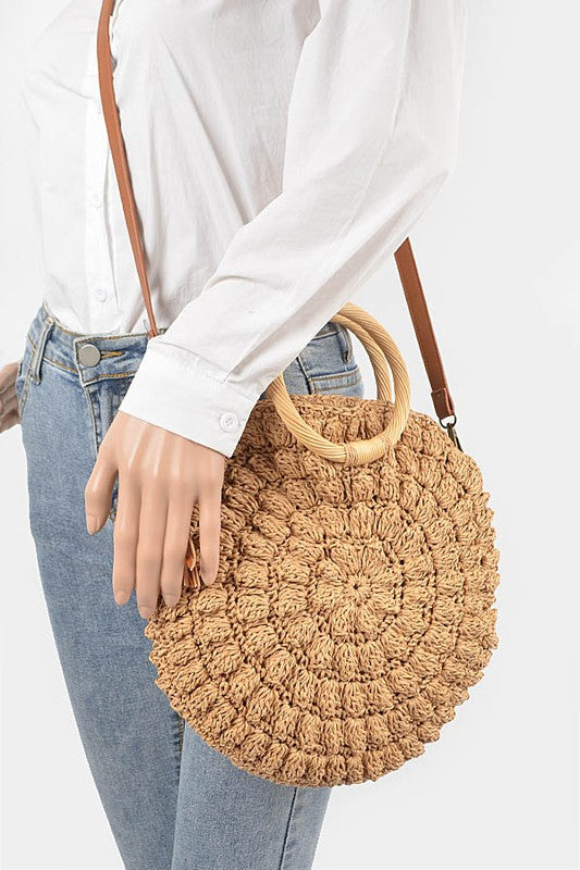 Wooden Handle Crochet Straw Circle Bag | Modern Boutique Fashion