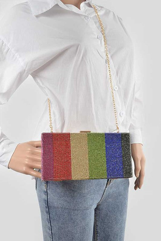 Rainbow Color Rhinestone Pave Box Clutch | Modern Boutique Fashion
