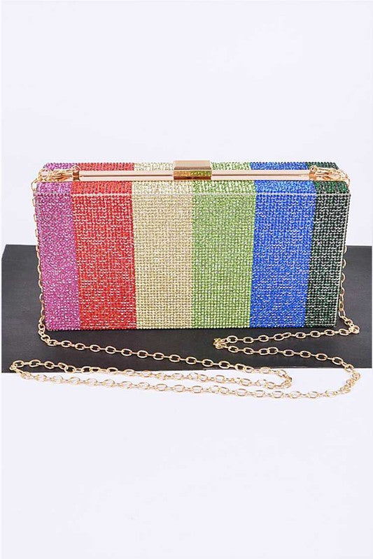 Rainbow Color Rhinestone Pave Box Clutch | Modern Boutique Fashion