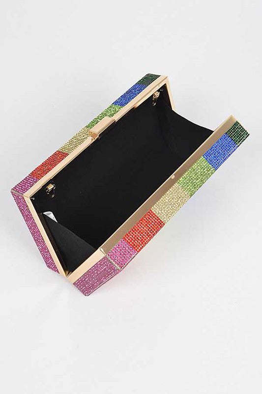 Rainbow Color Rhinestone Pave Box Clutch | Modern Boutique Fashion