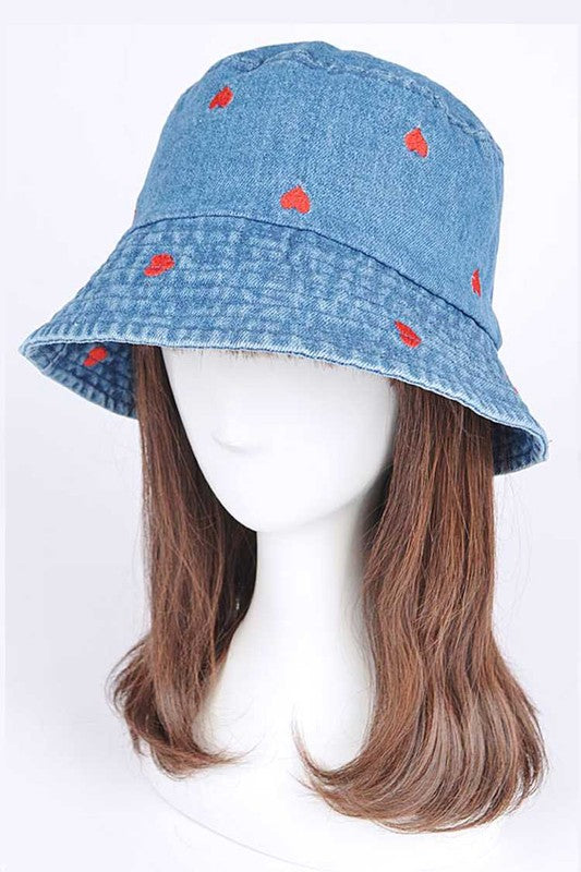Heart Embroidered Denim Bucket Hat | Modern Boutique Fashion