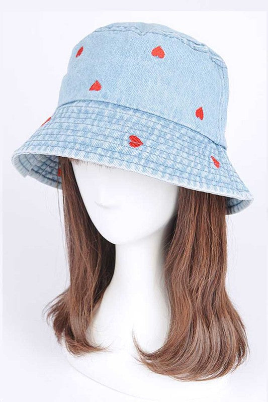 Heart Embroidered Denim Bucket Hat | Modern Boutique Fashion