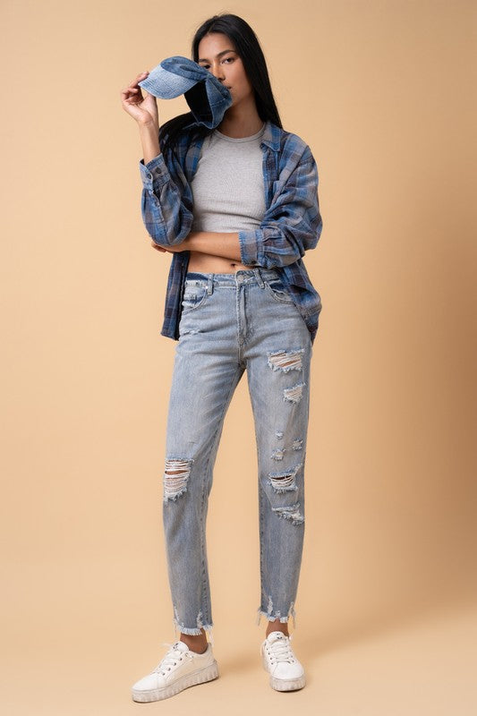 Fray Distressed Girlfriend Jeans | Modern Boutique Fashion