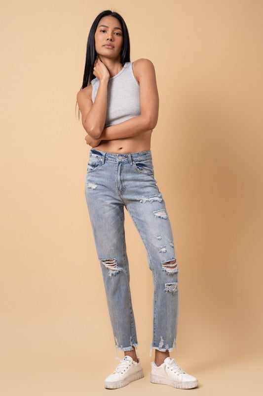 Fray Distressed Girlfriend Jeans | Modern Boutique Fashion