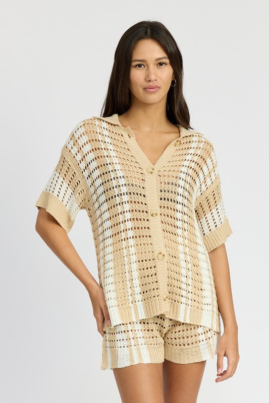 Button Up Striped Crochet Top