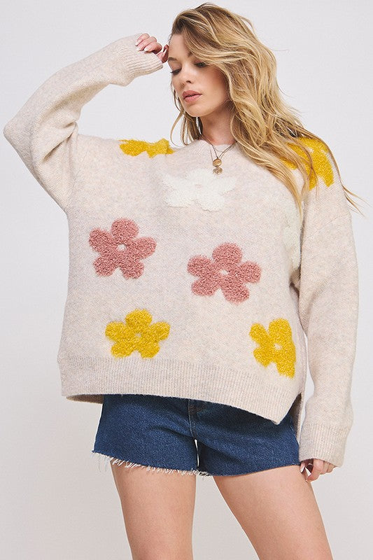 Plus Oversized Long Sleeve Floral Knit Sweater – Everyday Style