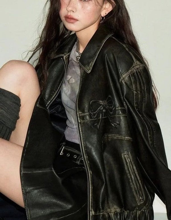 Faux Leather Bow Biker Jacket | Modern Boutique Fashion
