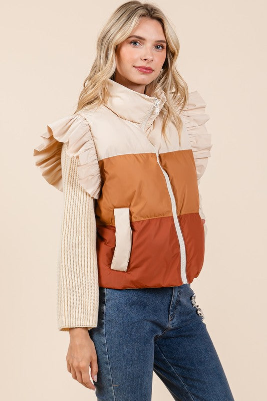 Color Block Ruffle Trim Puffer Vest | Modern Boutique Fashion