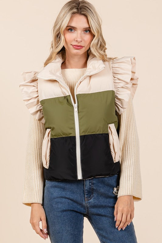 Color Block Ruffle Trim Puffer Vest | Modern Boutique Fashion