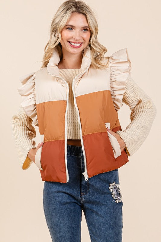 Color Block Ruffle Trim Puffer Vest | Modern Boutique Fashion