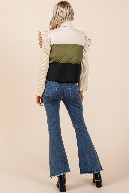 Color Block Ruffle Trim Puffer Vest | Modern Boutique Fashion