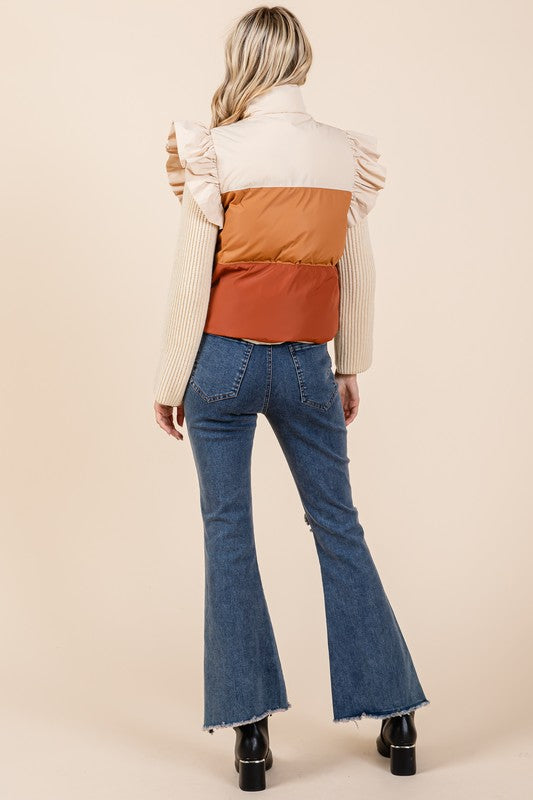 Color Block Ruffle Trim Puffer Vest | Modern Boutique Fashion
