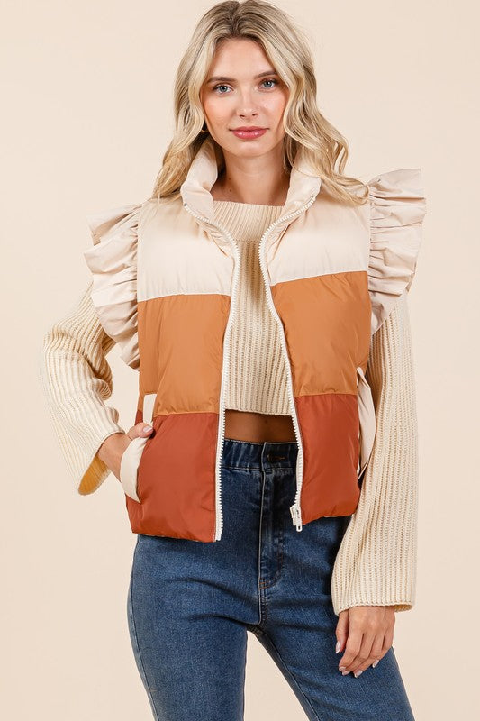 Color Block Ruffle Trim Puffer Vest | Modern Boutique Fashion