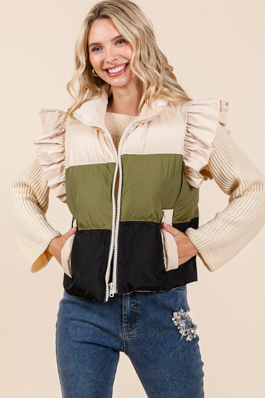 Color Block Ruffle Trim Puffer Vest | Modern Boutique Fashion