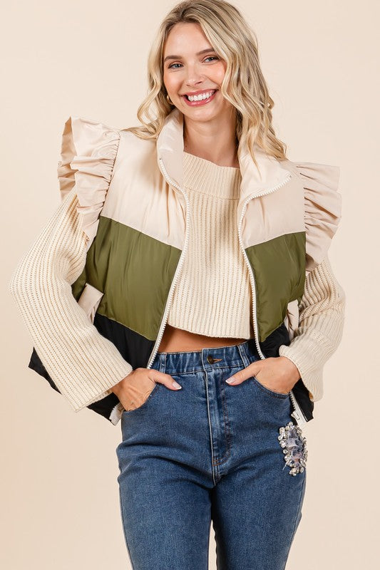Color Block Ruffle Trim Puffer Vest | Modern Boutique Fashion
