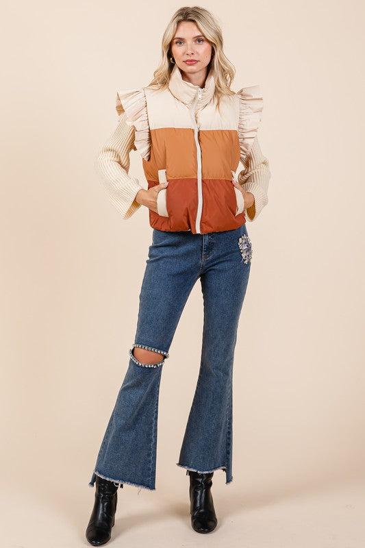 Color Block Ruffle Trim Puffer Vest | Modern Boutique Fashion