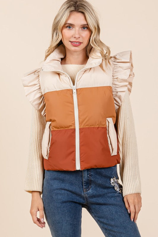 Color Block Ruffle Trim Puffer Vest | Modern Boutique Fashion