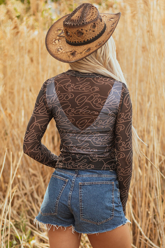 Western Rodeo Mesh Mock Neck Long Sleeve Top